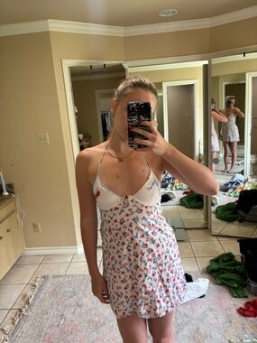 Floral Slip Dress in White with Red & Blue Flowers For Love and Lemons